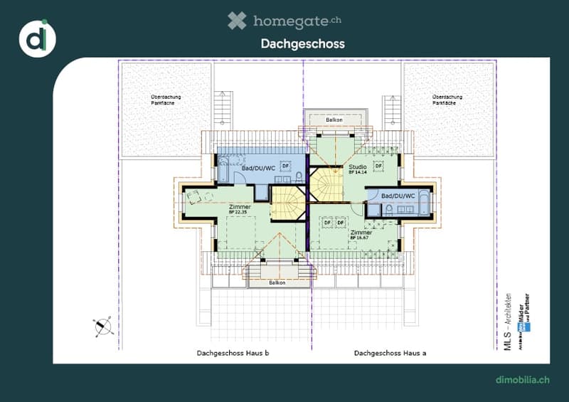 Ground floor: kitchen, living room, bathroom, bedroom, entrance hall, balcony. Upper floor: bedroom, bathroom, living room, balcony.
