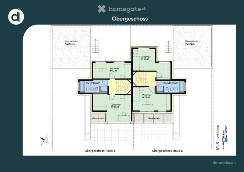 Floor plan of an upper floor with multiple rooms including living areas, bathrooms, and bedrooms.