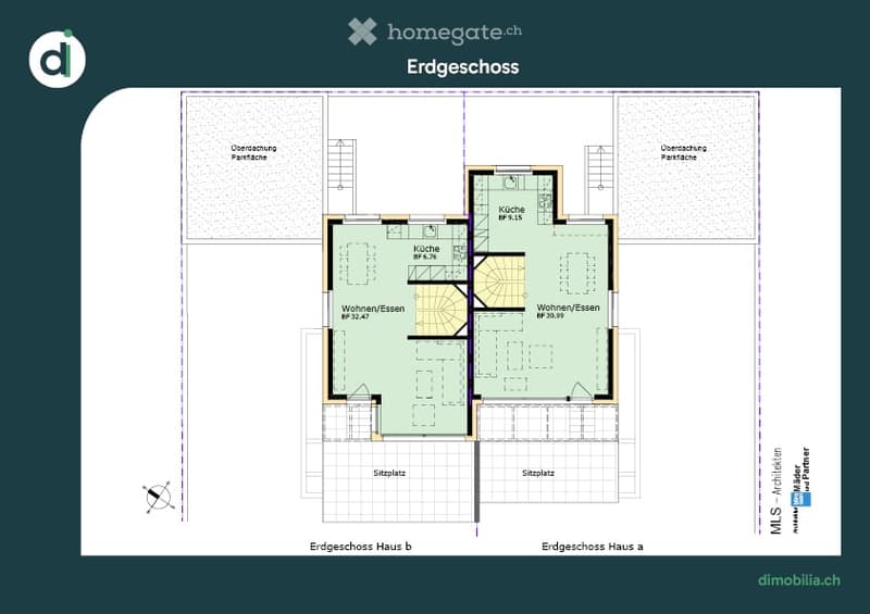 Ground floor plan of two apartments, each with separate entrance, kitchen, living/dining room, bedroom, and bathroom, plus an additional storage room.