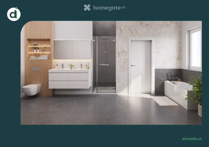 Bathroom with shower stall, vanity, toilet, bathtub, wooden shelves, and a potted plant