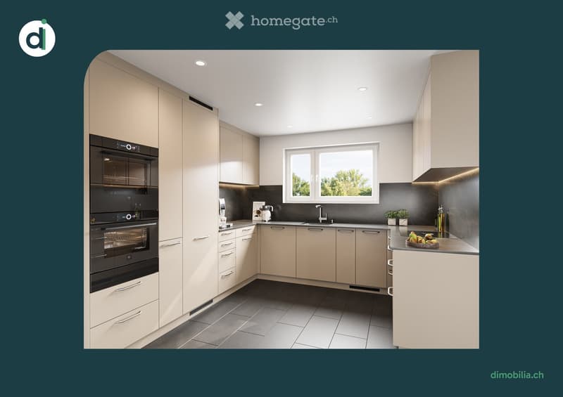 Modern kitchen with a black double oven, dishwasher, granite countertops, and a black window.