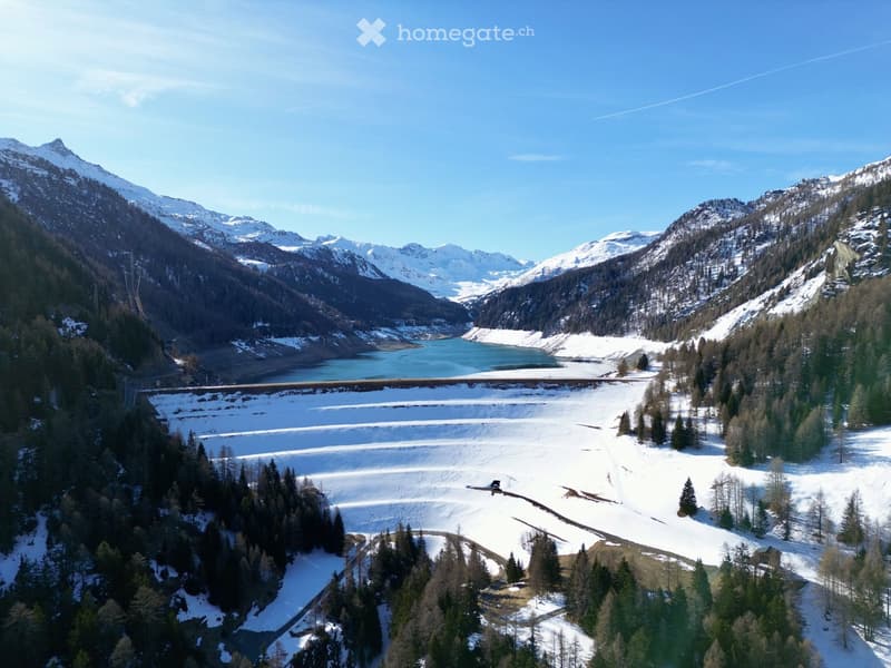 Aerial view of a snowy valley with a large lake, surrounded by snow-covered mountains and pine trees.