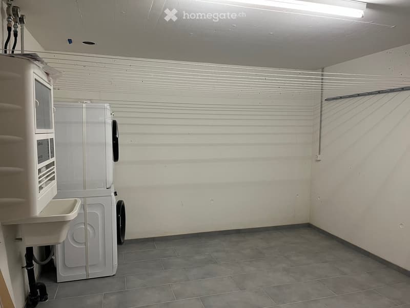 washroom, white wall, grey floor, washing machine, dryer, sink, metal pipes, hanging washing lines