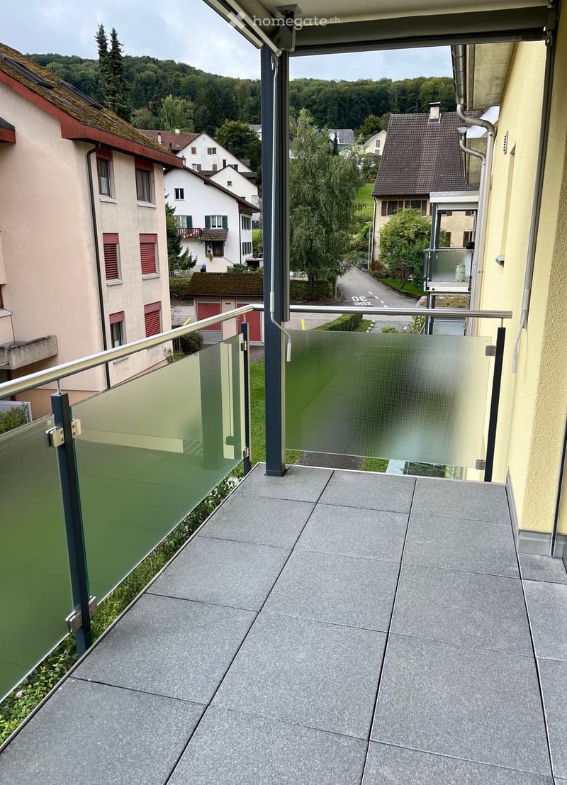 Terrace with a view of the mountain and other houses, transparent glass railings, and gray paved floor