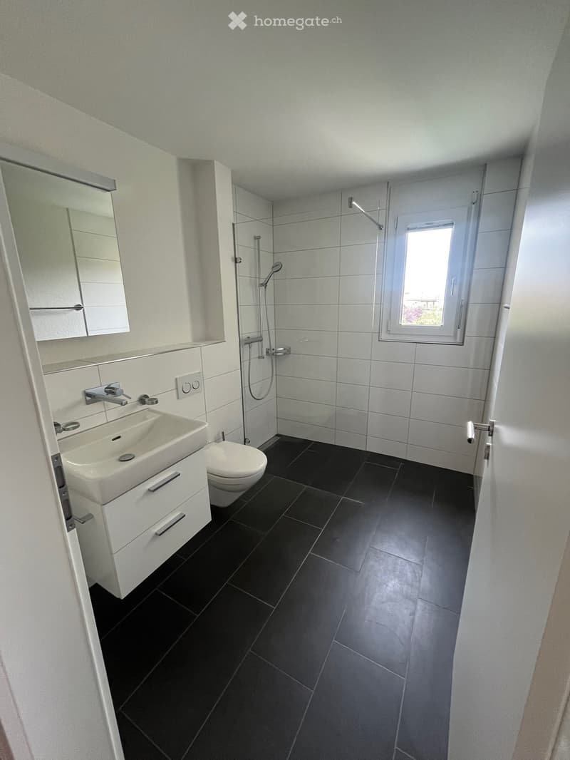 Modern bathroom with white tiles, shower, toilet, sink, and a mirror