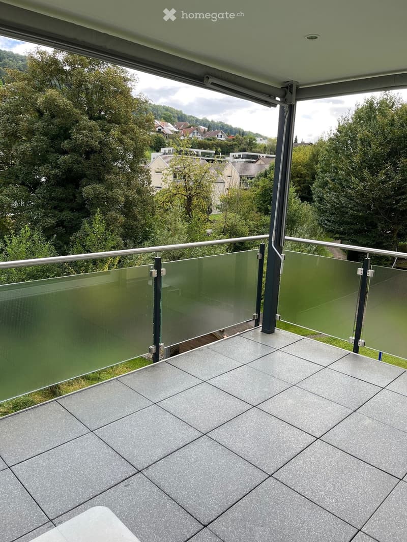 modern glass railing balcony with paved floor overlooking surrounding town and greenery