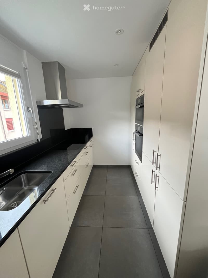 kitchen: sleek countertops, modern cabinets, stainless steel appliances, white ceiling, built-in oven, dishwasher, sink, and faucet, ventilation hood, white walls