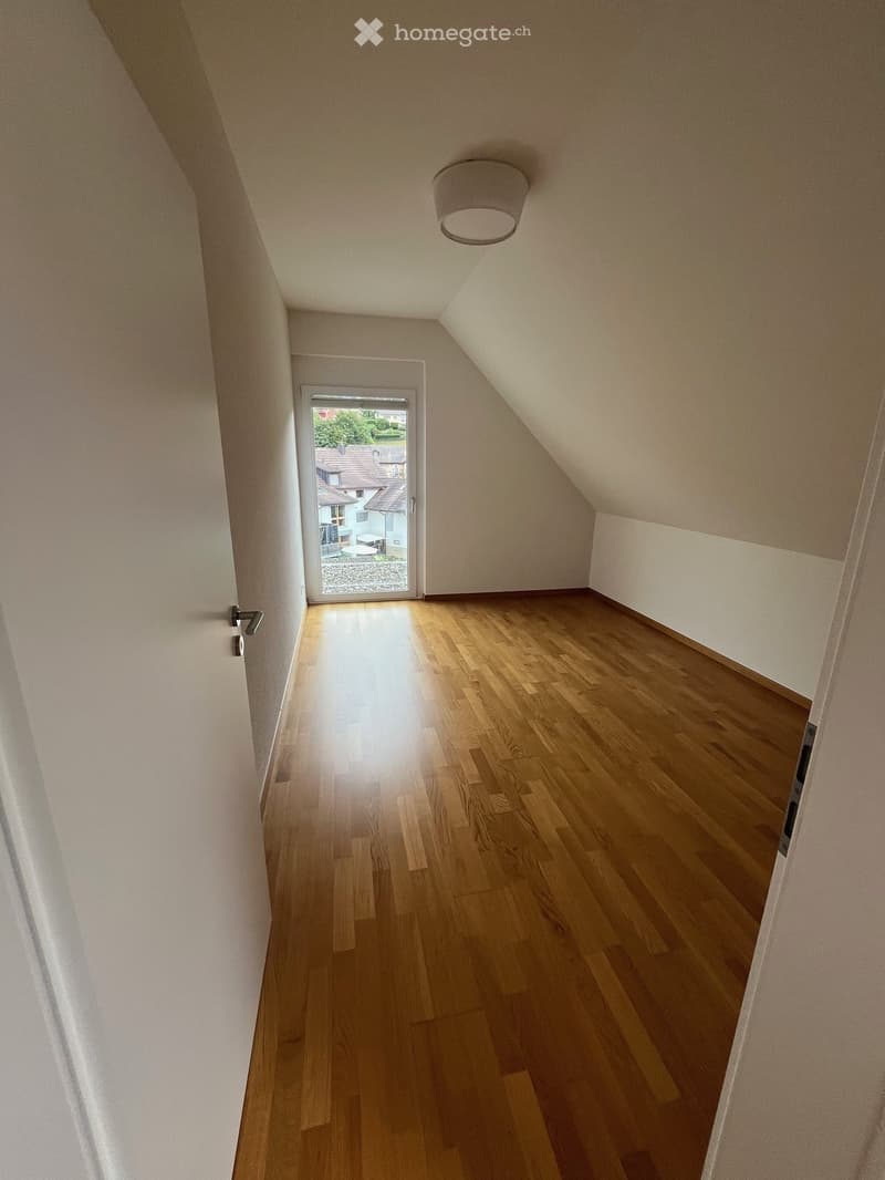 empty room, wooden floor, white ceiling, glass door, ceiling lamp, sloping walls