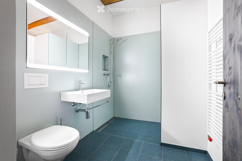 Compact bathroom, sink, toilet, shower, mirror, blue tiled floor