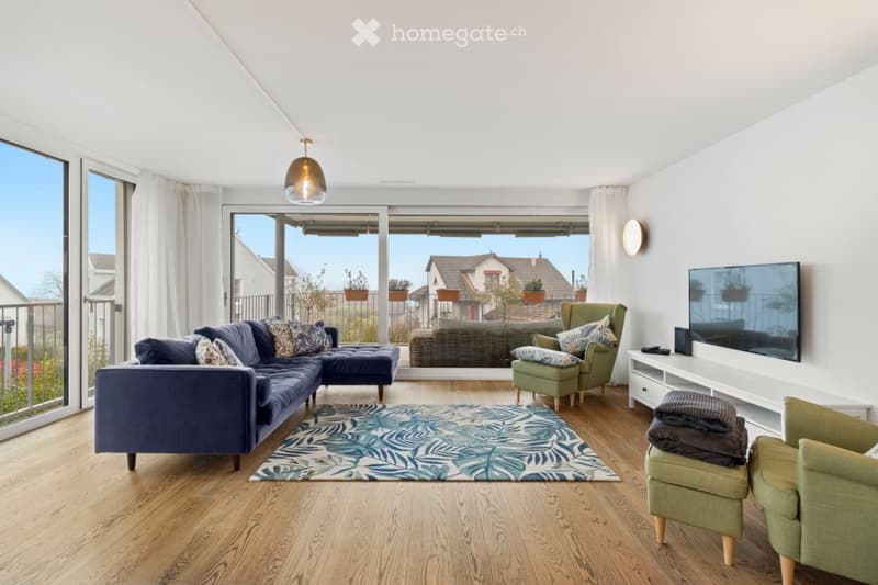 large windows, balcony, rug, sofa, flatscreen tv, shelf, armchairs