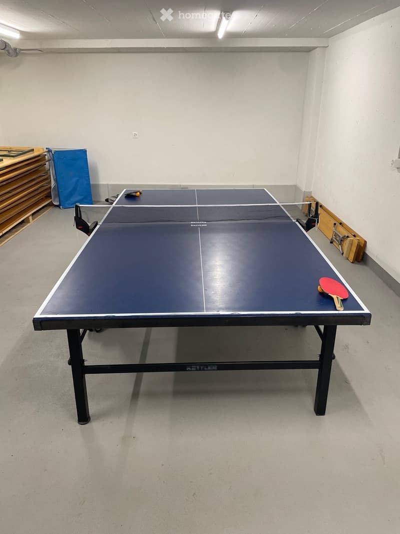 Table tennis table, red paddle, blue paddle