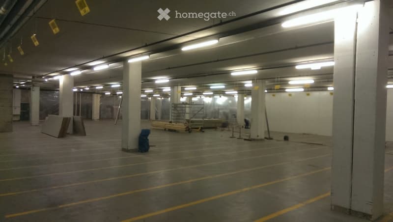 Underground parking lot, yellow and white markings, steel beams, concrete floor, multiple columns, lighting