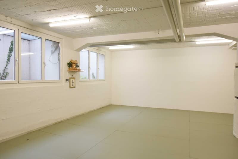 Empty room, white walls, white floor, windows, shelves, and lights