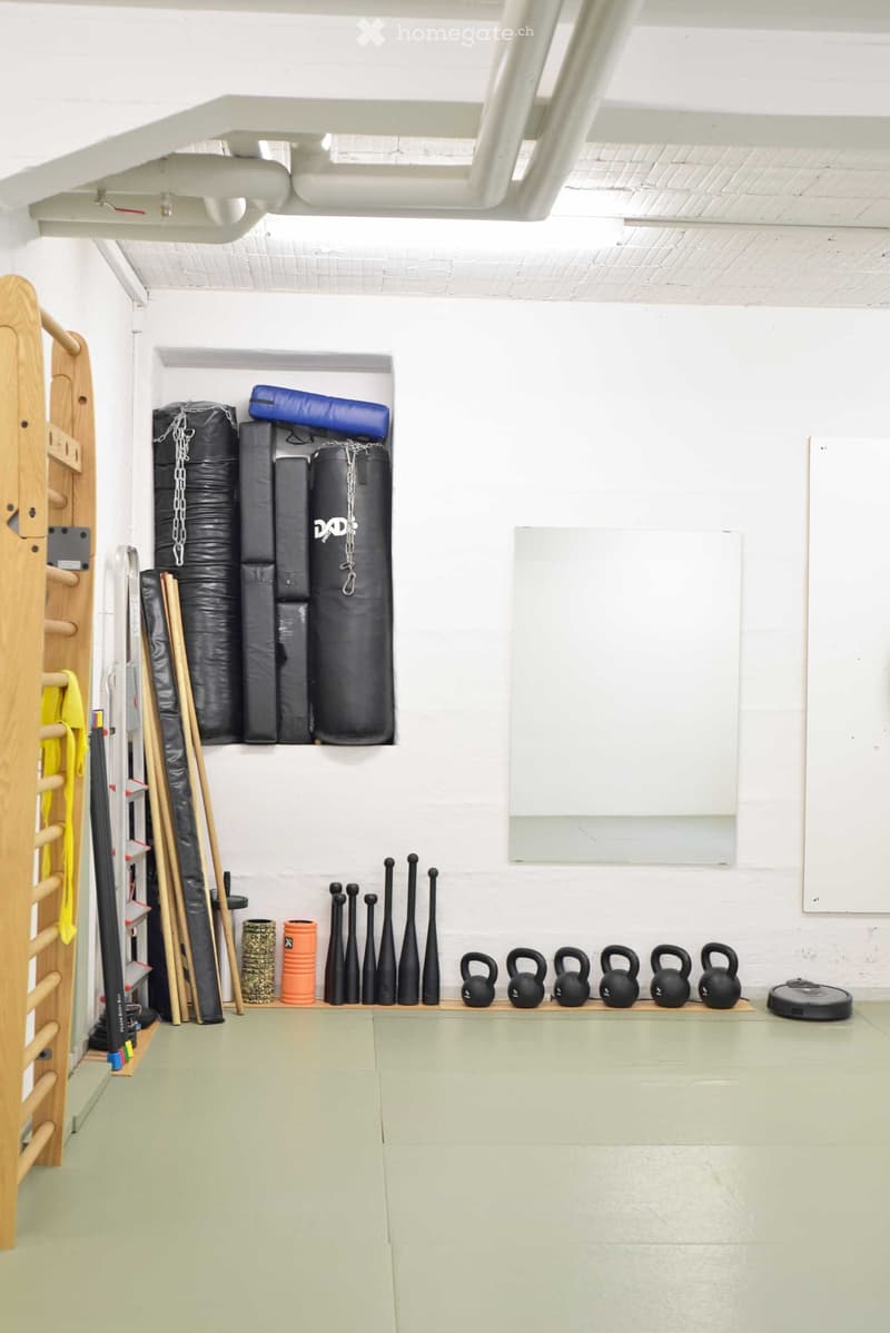 A room with workout equipment, a ladder, a shelf with items, a mirror, and a carpeted floor.