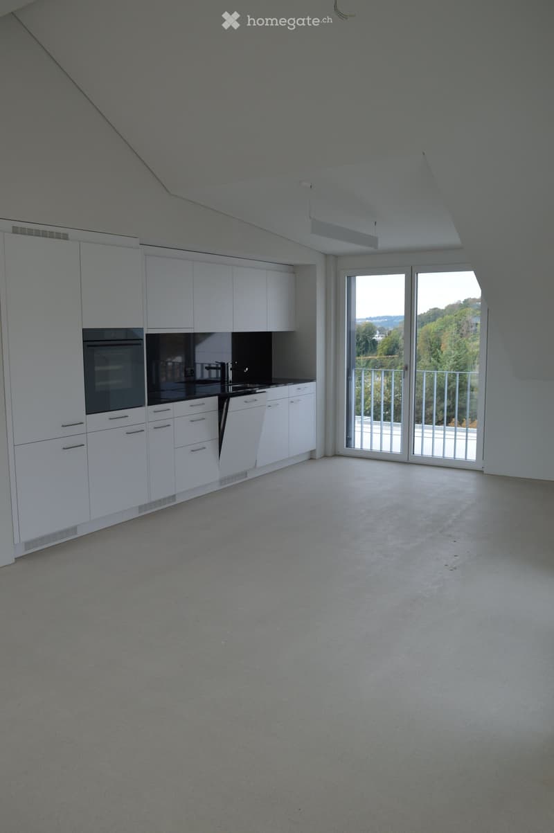 A modern, spacious kitchen with white cabinets, black countertops, integrated appliances, and sliding glass doors to a balcony