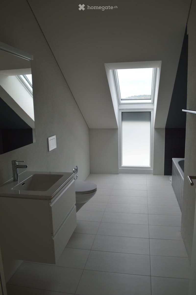 White bathroom with two skylights, white sink with faucet, white toilet, bathtub, tiled floor