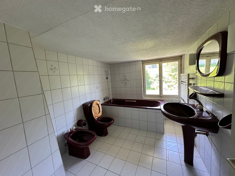 White tiled walls, white tile floor, two maroon toilets, bathtub with shower, brown sink, mirror above sink