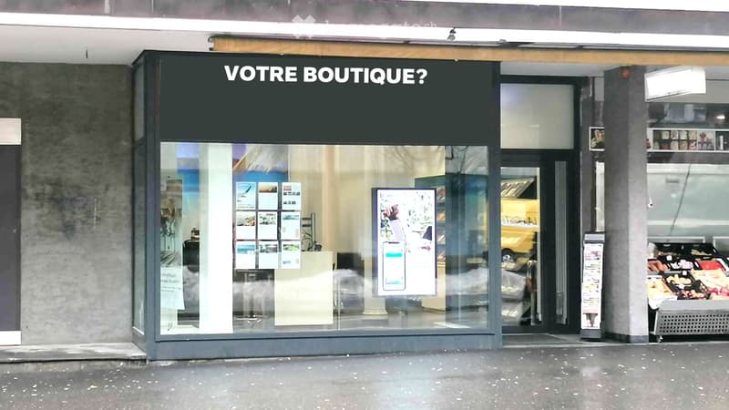 Storefront with glass wall, interior decors and signage
