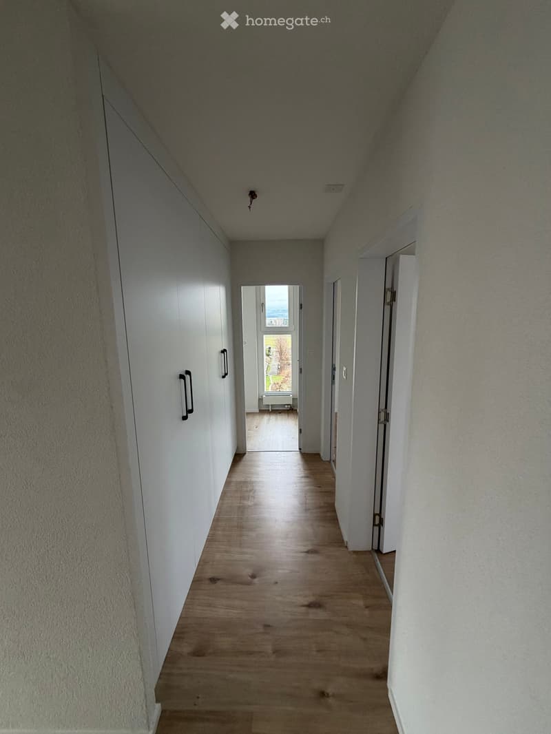 empty hallway, white walls, wooden floor, doors on each side