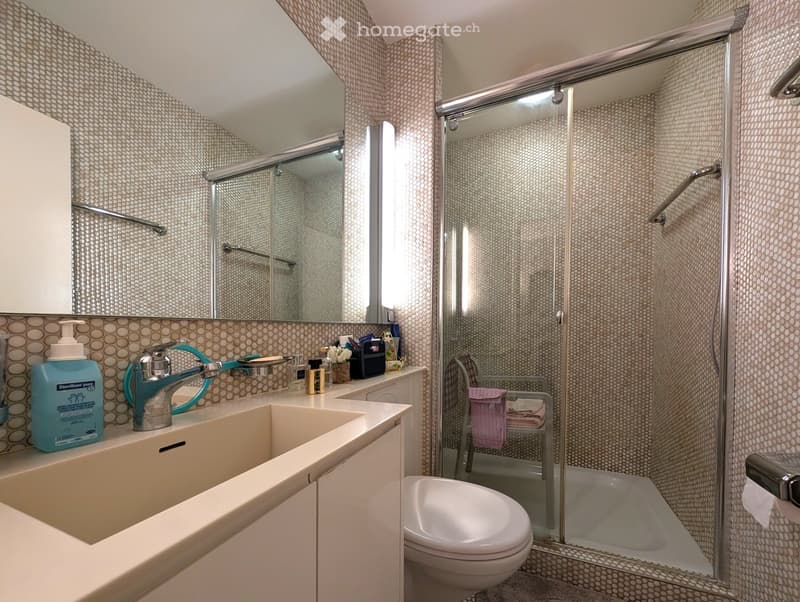 modern bathroom, sink, mirror, shower enclosure, toilet, white tile