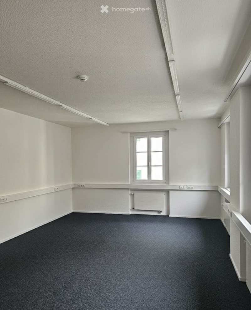 Empty room, white walls, dark gray floor, two windows, radiator, electrical outlets.