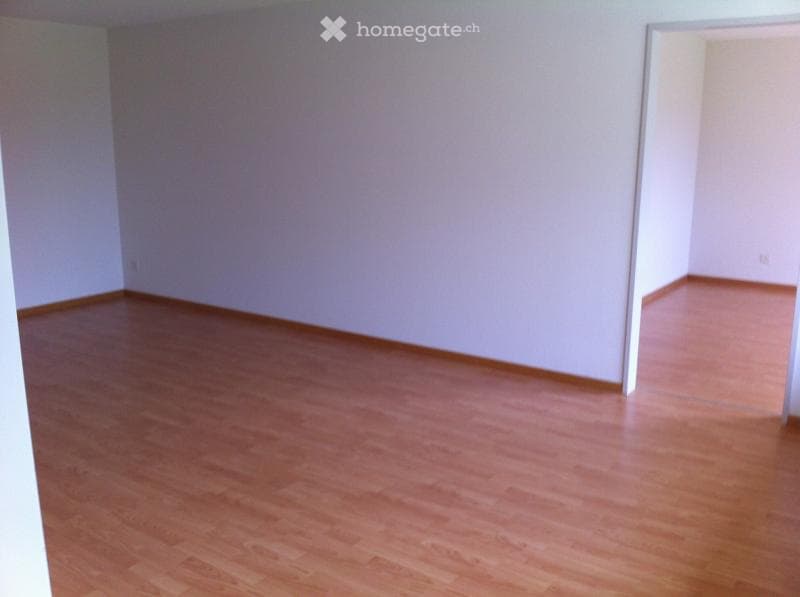 Empty room with white walls, wooden floor, two doors leading to another room