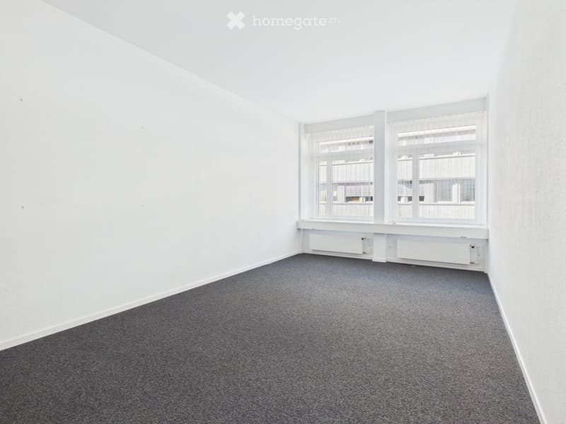empty room, white walls, gray carpet, large window, radiators