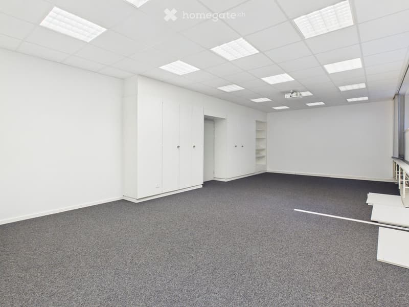 empty room, white walls, gray carpet, white ceiling with lights, white cabinets, shelves