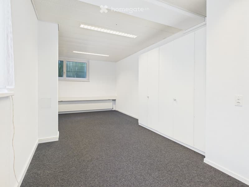 empty room, white walls, gray carpet, white ceiling, window, white cabinets