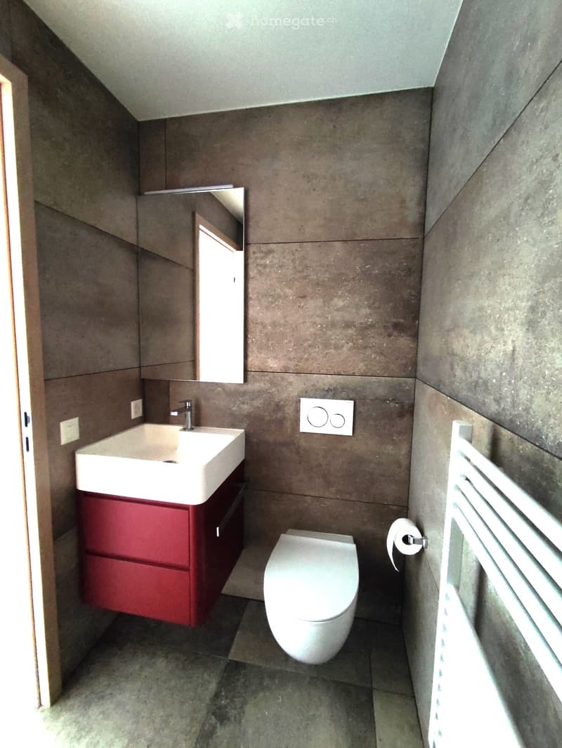 Modern bathroom with a white sink, red cabinet, toilet, mirror, radiator, and toilet paper holder. The walls are tiled in a neutral tone, and the floor is made of dark tiles.