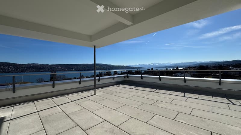 terraced balcony with white tiles, grey tiled flooring, metallic railings, lake and mountain views