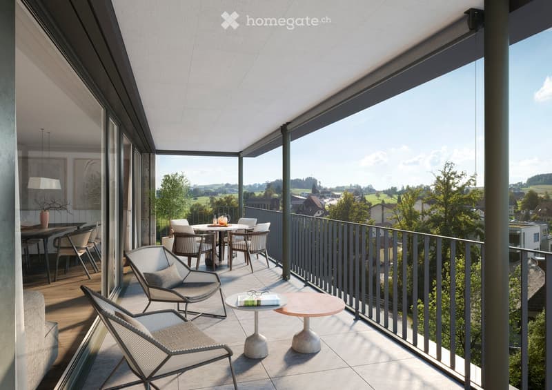 Balcony, glass doors, furniture, trees, rural view