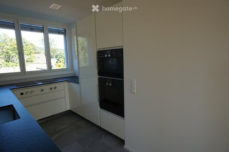 Modern kitchen with white cabinets, blue countertop, gas stove, double oven, sink, and windows overlooking trees.