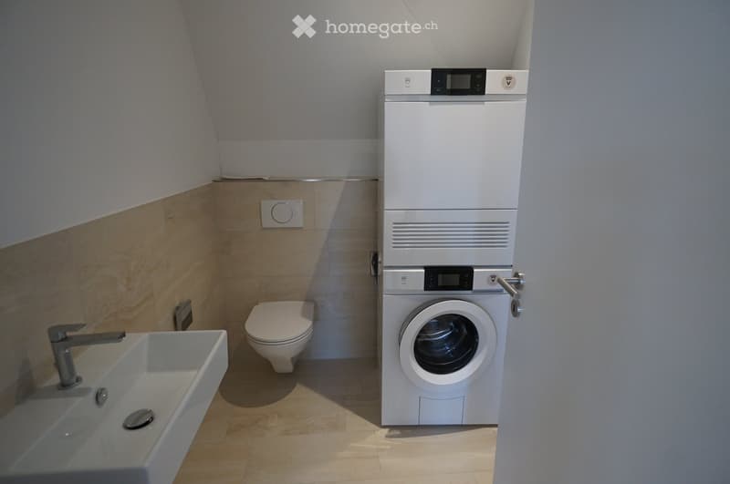 small bathroom, white sink, modern toilet, washing machine and dryer stacked