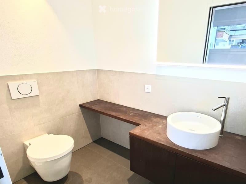 modern bathroom, white tiles, white toilet, wooden counter, round sink, silver faucet