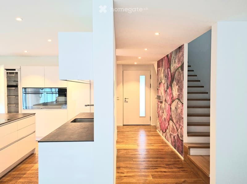 kitchen, living room, stairs, tiled floors, white walls, modern appliances
