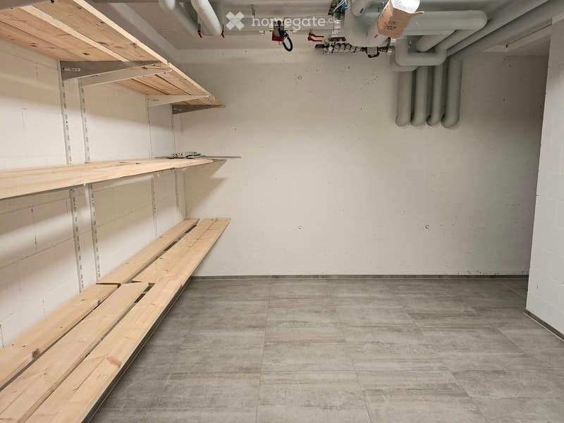 Empty room with white walls, wooden shelves, and tiled floor.