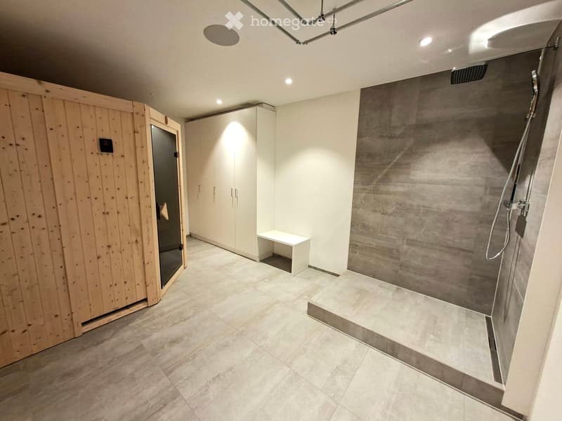 steam sauna, shower area, shower, wooden cabinet, wardrobe, bench, tiled floor