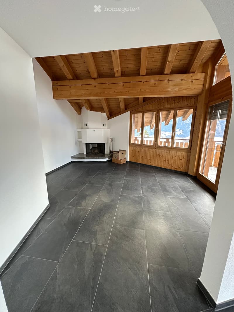 white walls, wooden beams, fireplace, wooden windows, tiled floor