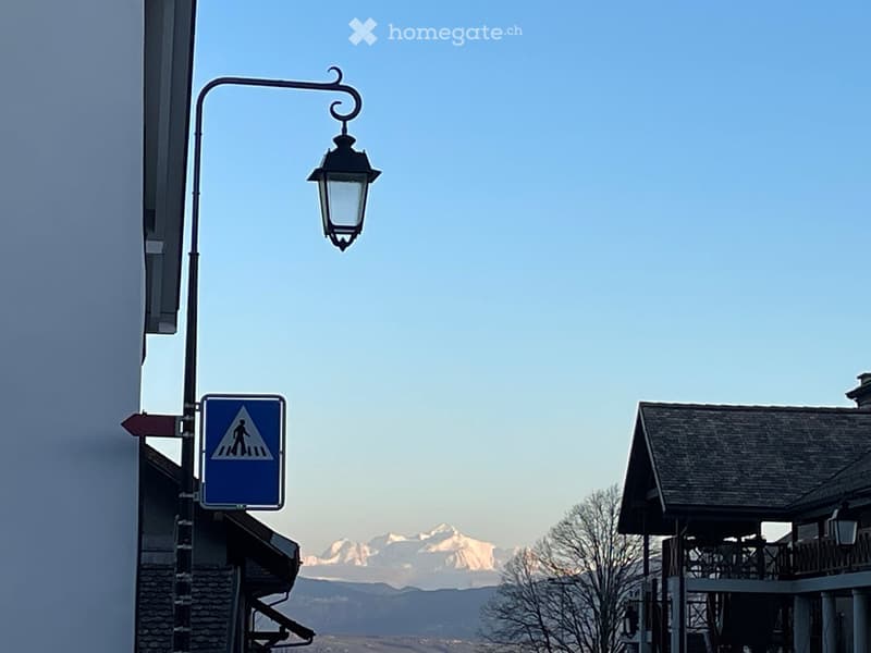 Street lamp, pedestrian crossing sign, mountains in the background
