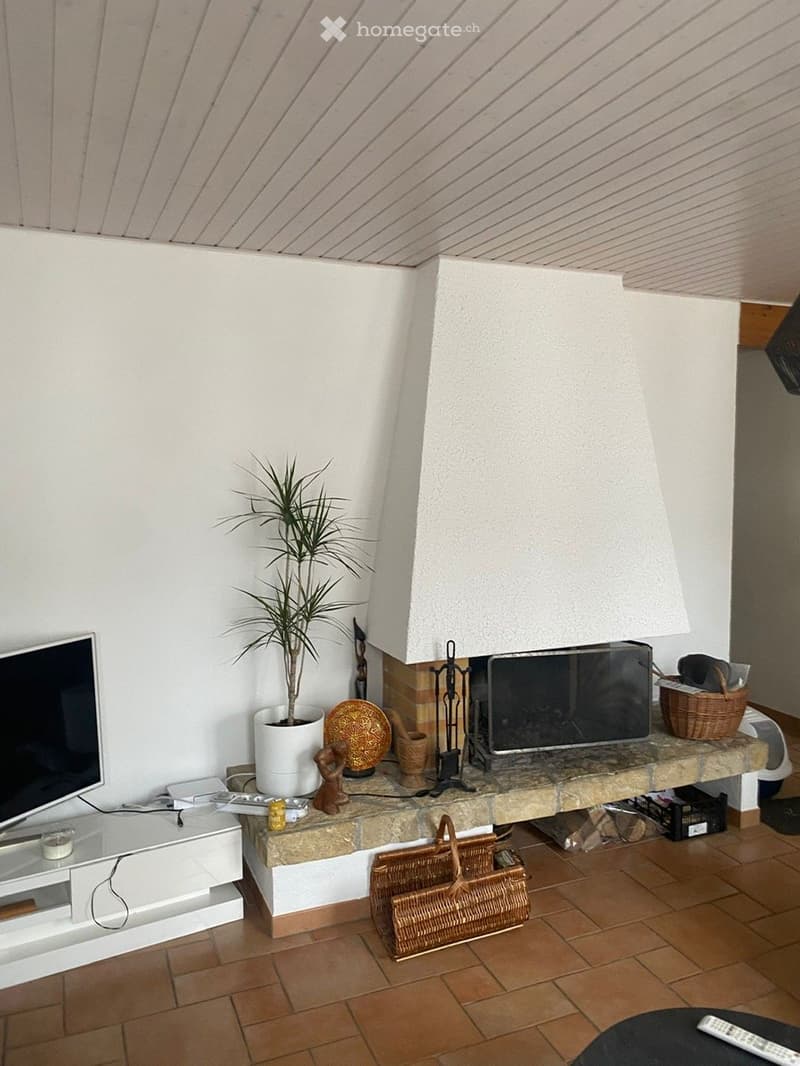 living room with fireplace, white walls, tile floor, white tv stand, potted plant, basket, wicker basket