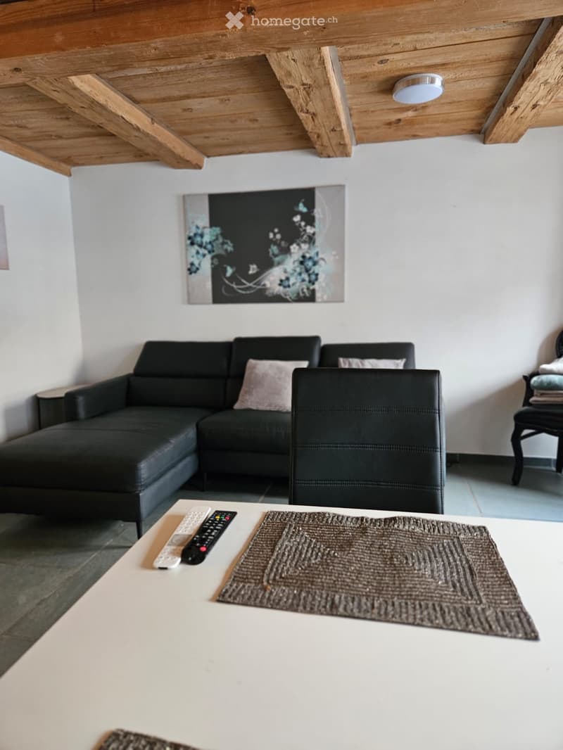 Living room with sectional sofa, table, and remotes, wooden ceiling