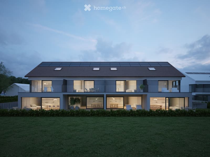 3 story house, solar panels, balconies, large windows, garden