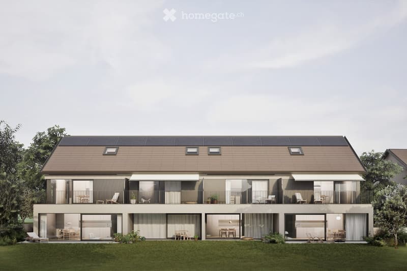 2 story house, brown roof, solar panels, large windows, balconies, garden