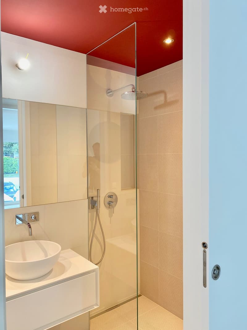 modern bathroom with glass shower, white sink, red ceiling, white walls, mirror