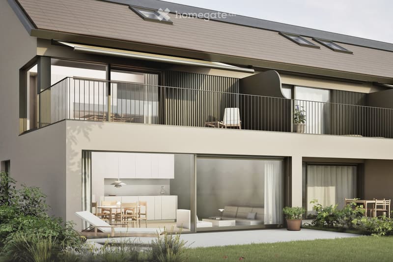 Modern two-story house with solar panels, large glass doors, balcony, and outdoor seating area