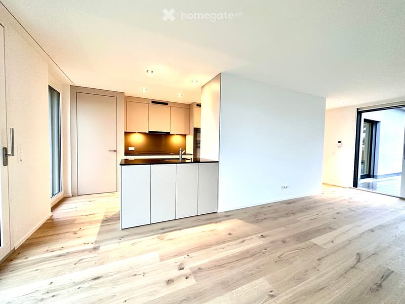 modern kitchen with white cabinets, wooden floor, white walls, glass door, large window