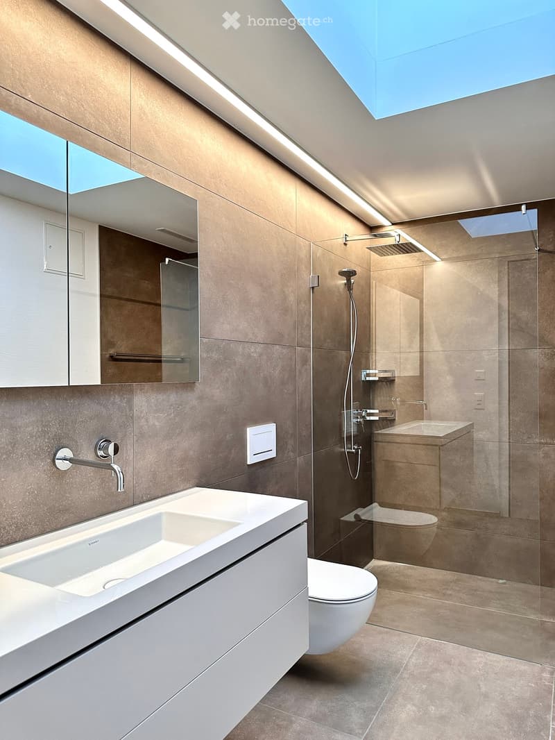 modern bathroom with a white sink, a white toilet, a glass shower enclosure, a mirror, and a faucet