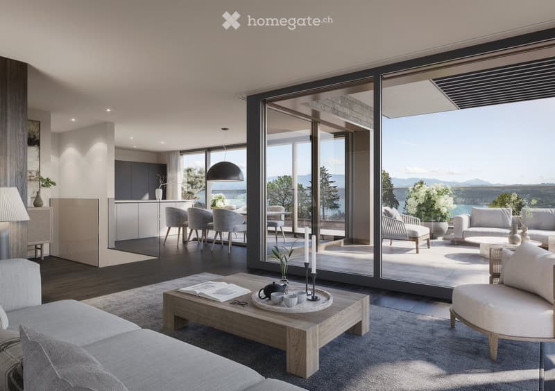 modern living room with gray couch, table, large windows, balcony, view of lake and mountains