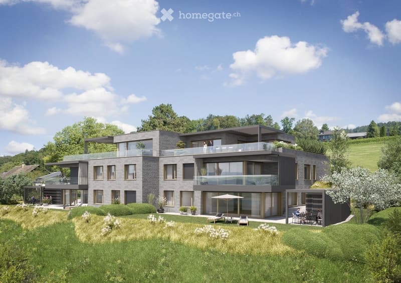 modern architecture, grey walls, 3 stories, glass balconies, elevated ground floor, garden